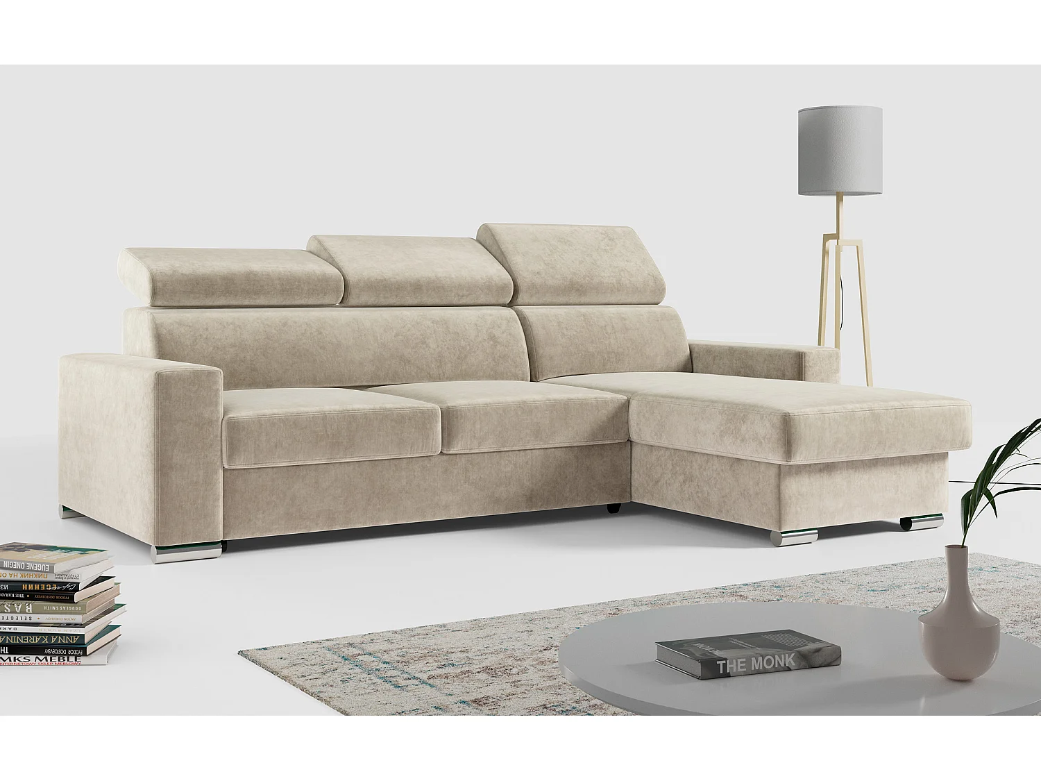 Ecksofa FOX, L-förmige Ecke, Schlaffunktion und Bettkasten, verstellbare Kopfstützen - Beige Velvet