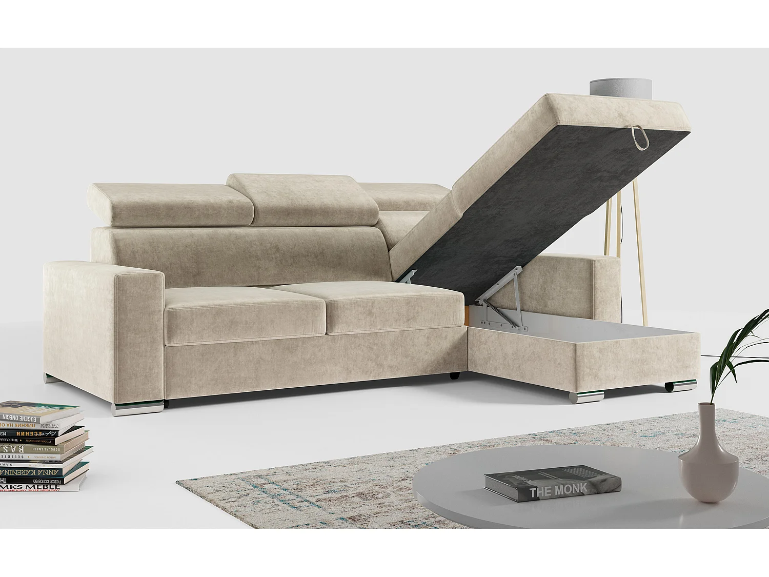 Ecksofa FOX, L-förmige Ecke, Schlaffunktion und Bettkasten, verstellbare Kopfstützen - Beige Velvet