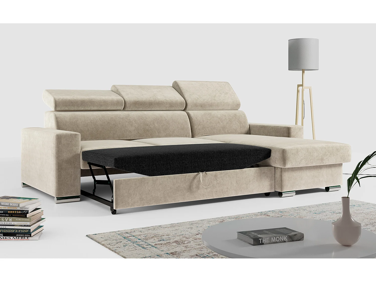 Ecksofa FOX, L-förmige Ecke, Schlaffunktion und Bettkasten, verstellbare Kopfstützen - Beige Velvet