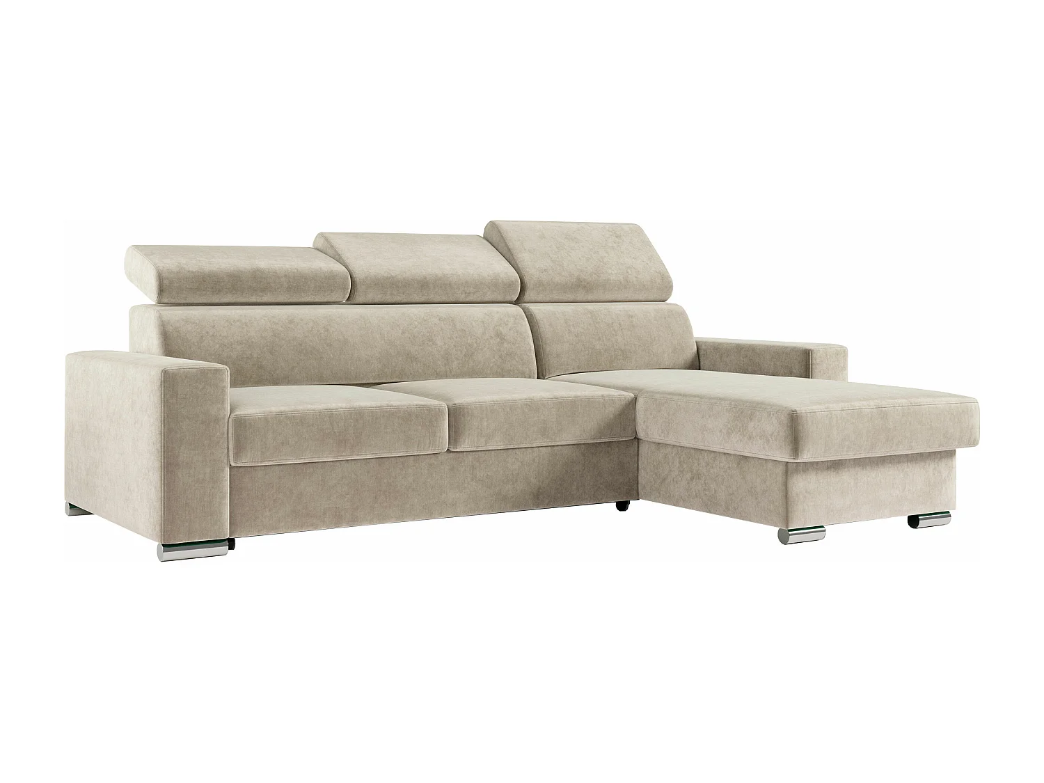 Ecksofa FOX, L-förmige Ecke, Schlaffunktion und Bettkasten, verstellbare Kopfstützen - Beige Velvet