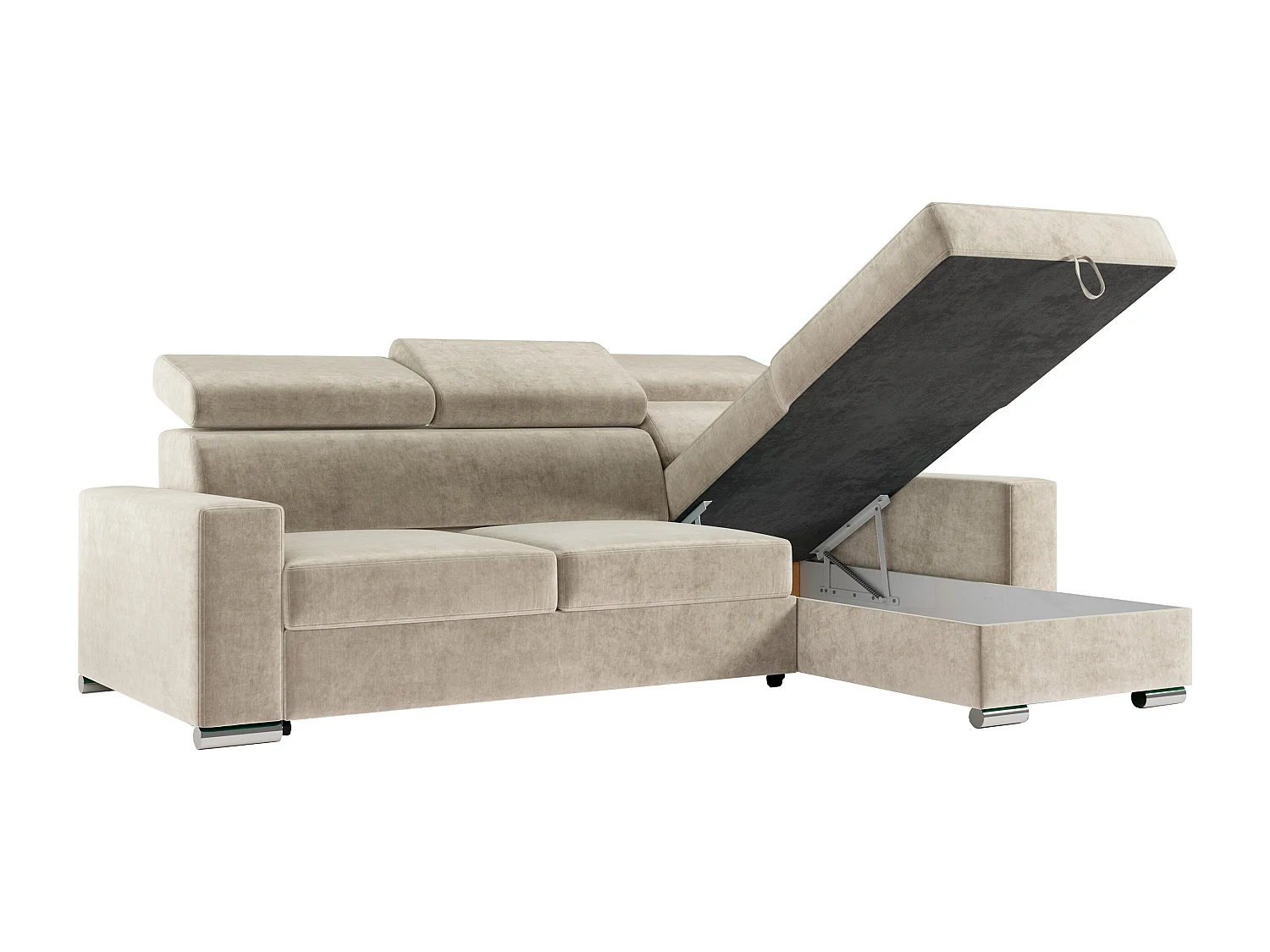 Ecksofa FOX, L-förmige Ecke, Schlaffunktion und Bettkasten, verstellbare Kopfstützen - Beige Velvet