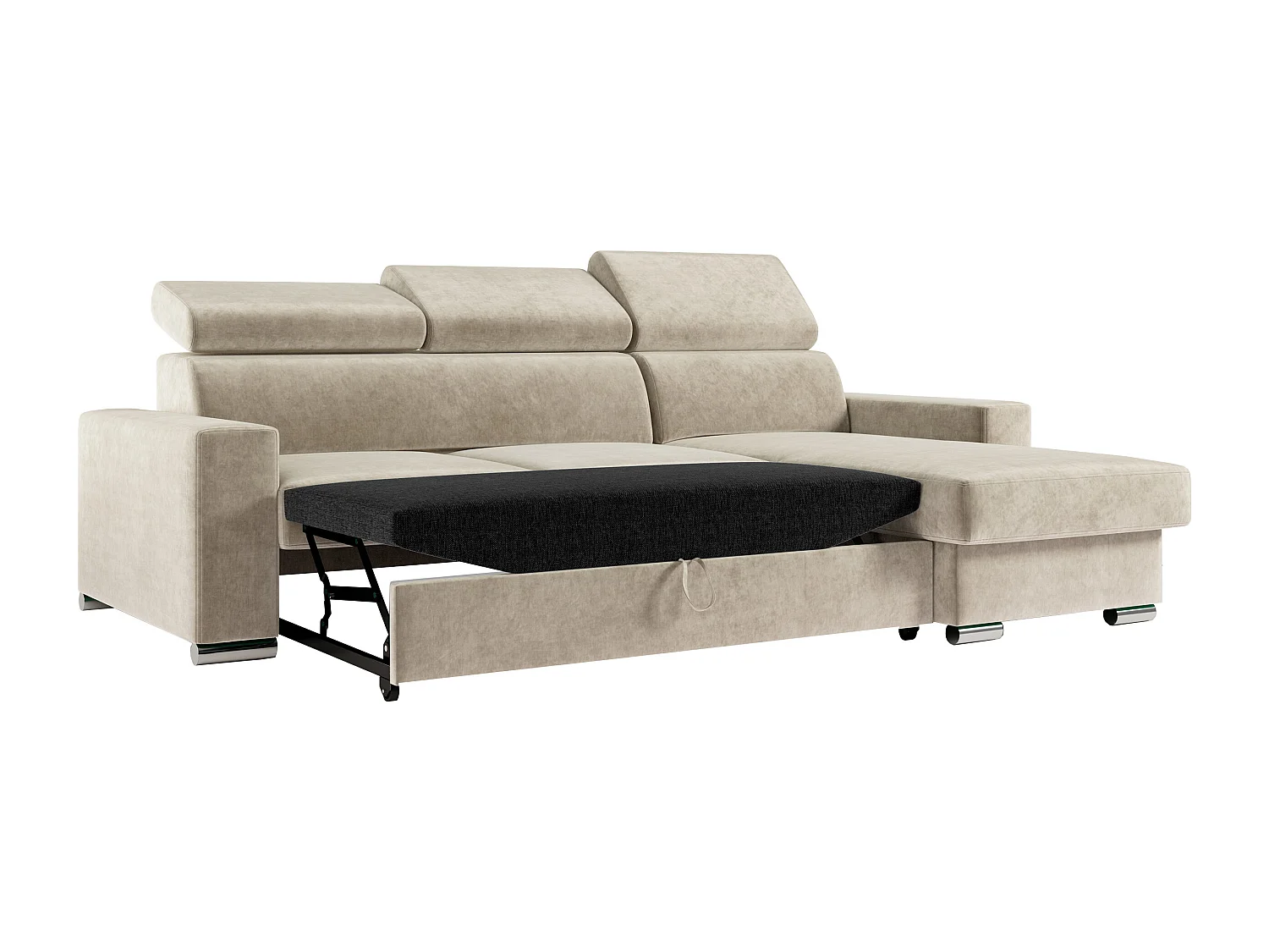 Ecksofa FOX, L-förmige Ecke, Schlaffunktion und Bettkasten, verstellbare Kopfstützen - Beige Velvet