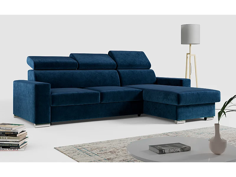 Ecksofa FOX, L-förmige Ecke, Schlaffunktion und Bettkasten, verstellbare Kopfstützen - Dunkelblau Velvet