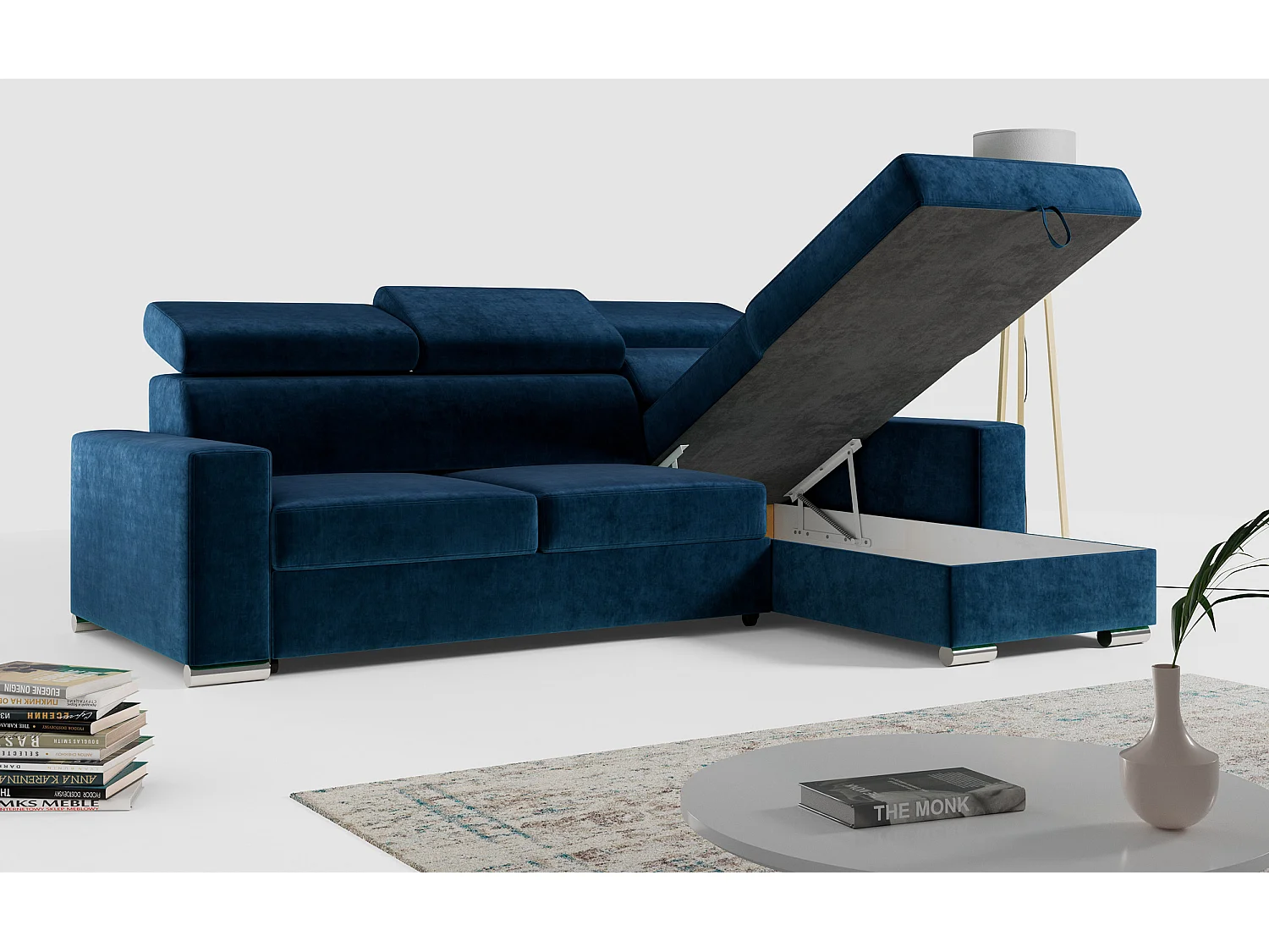 Ecksofa FOX, L-förmige Ecke, Schlaffunktion und Bettkasten, verstellbare Kopfstützen - Dunkelblau Velvet