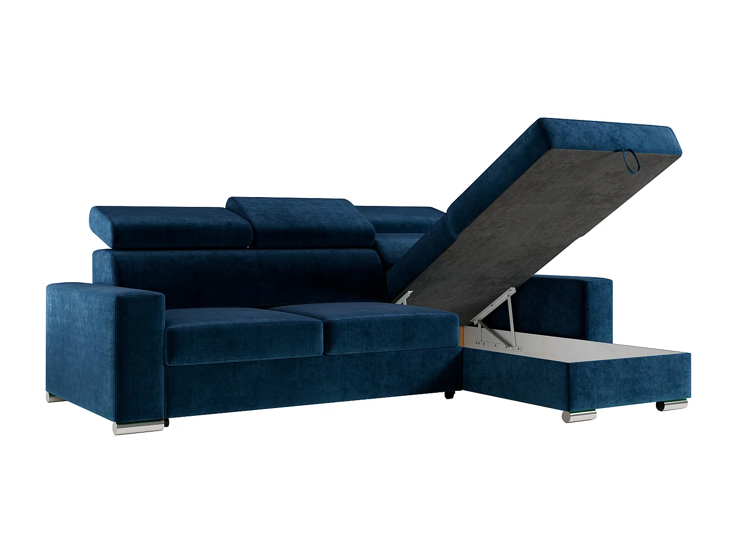 Ecksofa FOX, L-förmige Ecke, Schlaffunktion und Bettkasten, verstellbare Kopfstützen - Dunkelblau Velvet