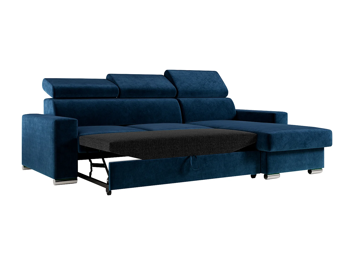 Ecksofa FOX, L-förmige Ecke, Schlaffunktion und Bettkasten, verstellbare Kopfstützen - Dunkelblau Velvet