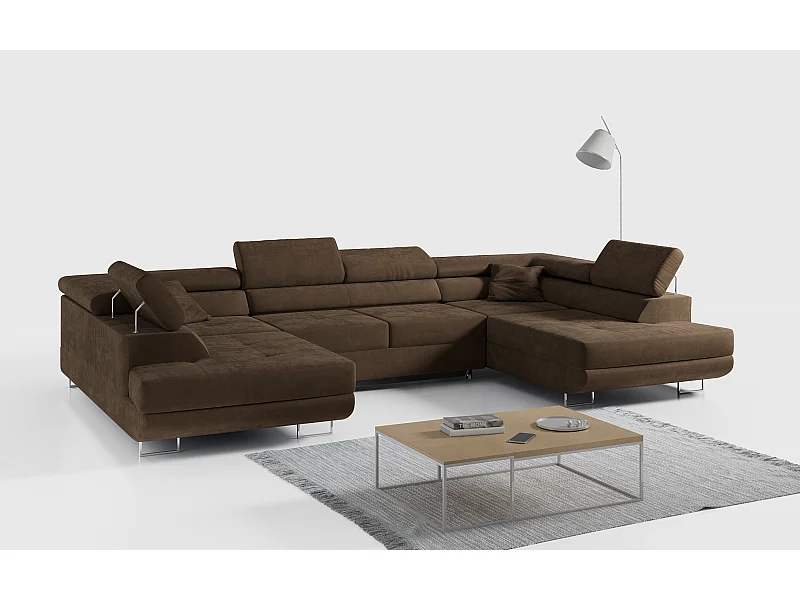 Ecksofa GUSTAW U, mit Schlaffunktion, Großes U-form ecksofa, XXL Wohnlandschaft, verstellbare Kopfstützen - Braun Velvet