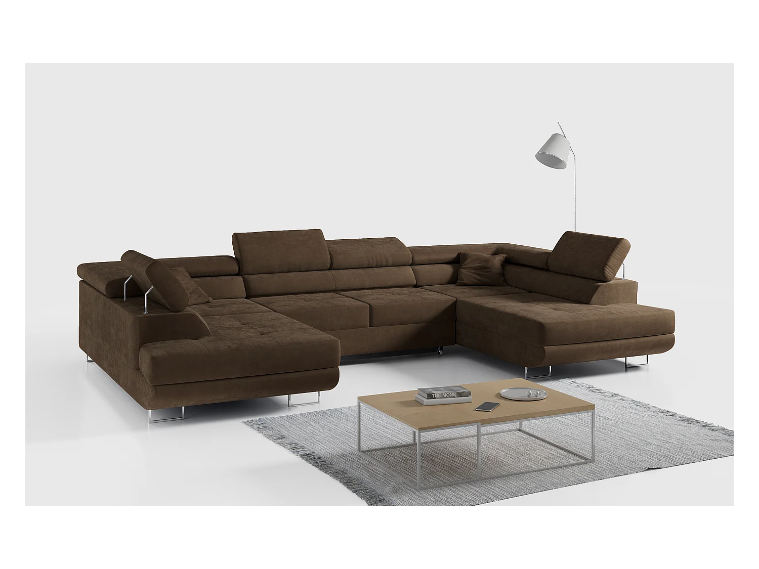 Ecksofa GUSTAW U, mit Schlaffunktion, Großes U-form ecksofa, XXL Wohnlandschaft, verstellbare Kopfstützen - Braun Velvet