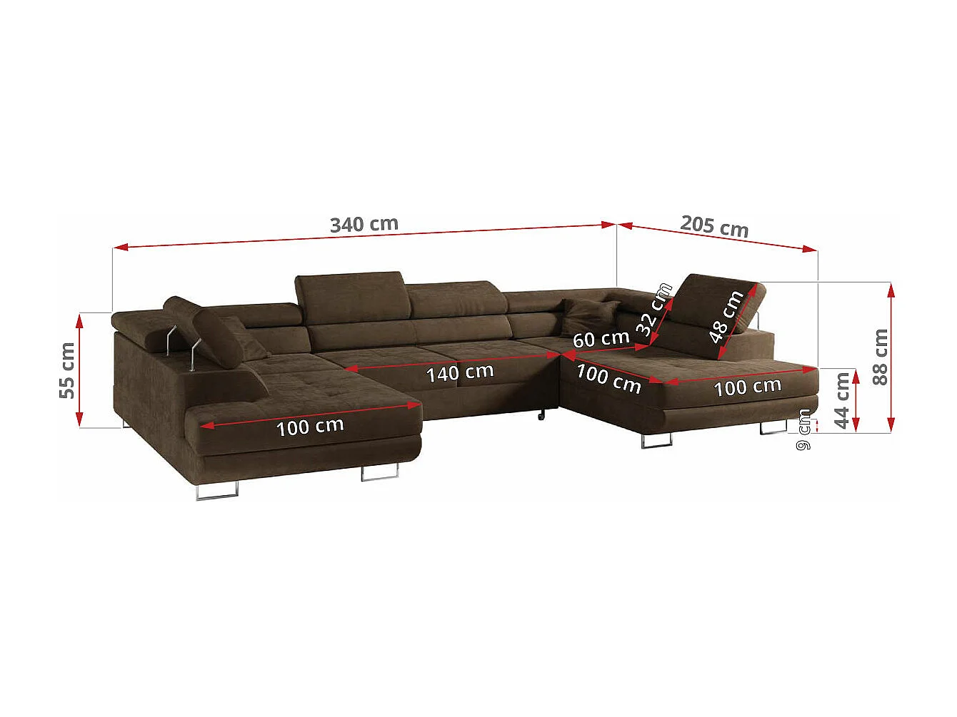 Ecksofa GUSTAW U, mit Schlaffunktion, Großes U-form ecksofa, XXL Wohnlandschaft, verstellbare Kopfstützen - Braun Velvet