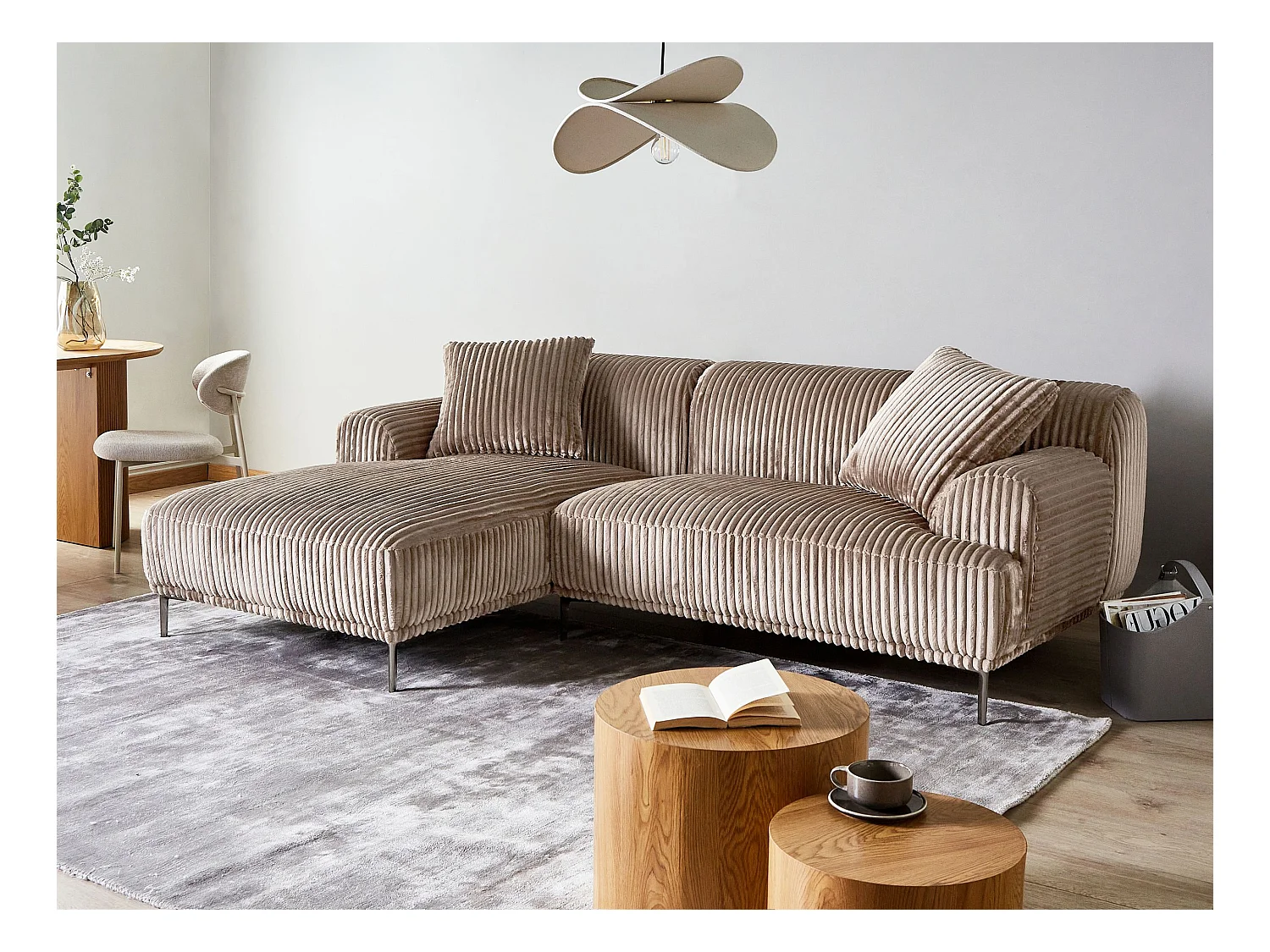 Canapé d'Angle à gauche en Velours Côtelé 3 Places Marron Clair Stenum