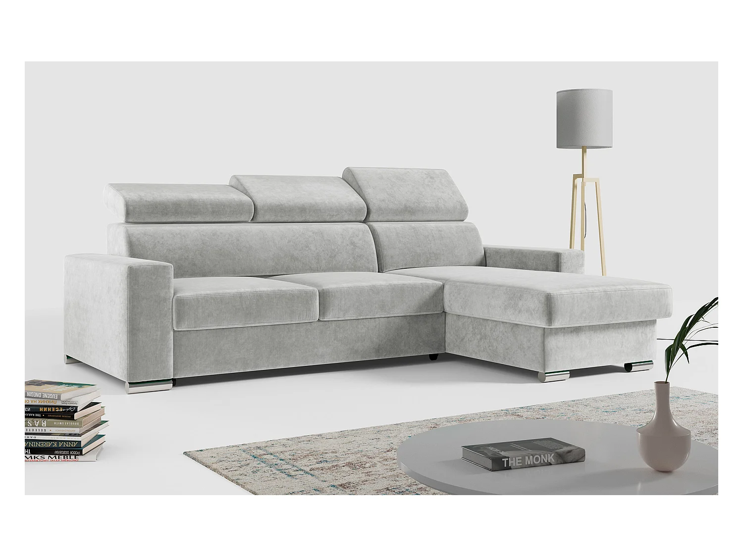 Ecksofa FOX, L-förmige Ecke, Schlaffunktion und Bettkasten, verstellbare Kopfstützen - Hellgrau Velvet