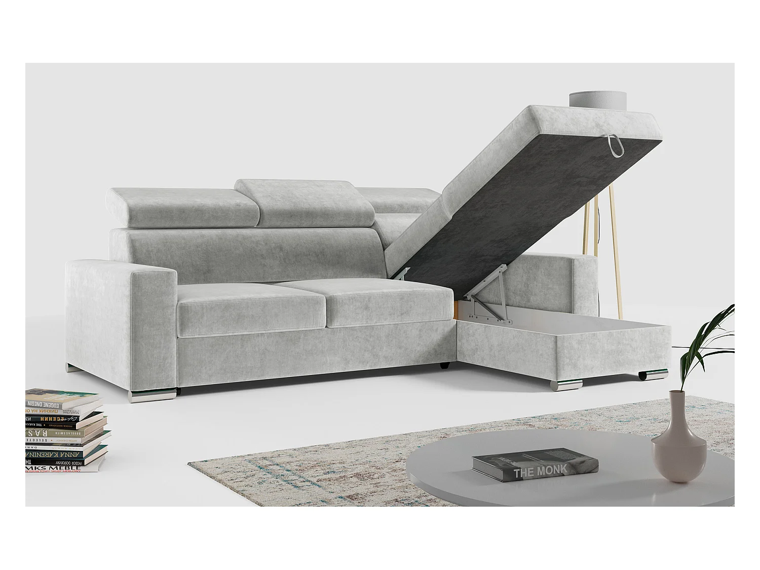Ecksofa FOX, L-förmige Ecke, Schlaffunktion und Bettkasten, verstellbare Kopfstützen - Hellgrau Velvet