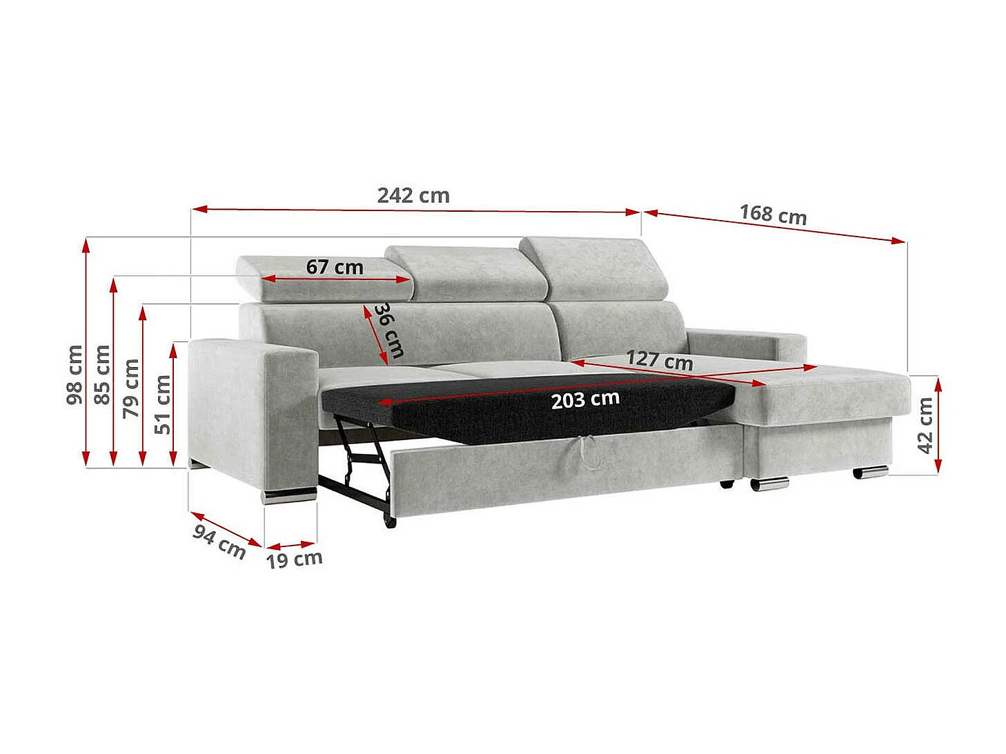 Ecksofa FOX, L-förmige Ecke, Schlaffunktion und Bettkasten, verstellbare Kopfstützen - Hellgrau Velvet