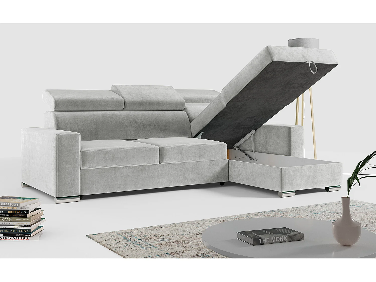 Ecksofa FOX, L-förmige Ecke, Schlaffunktion und Bettkasten, verstellbare Kopfstützen - Hellgrau Velvet