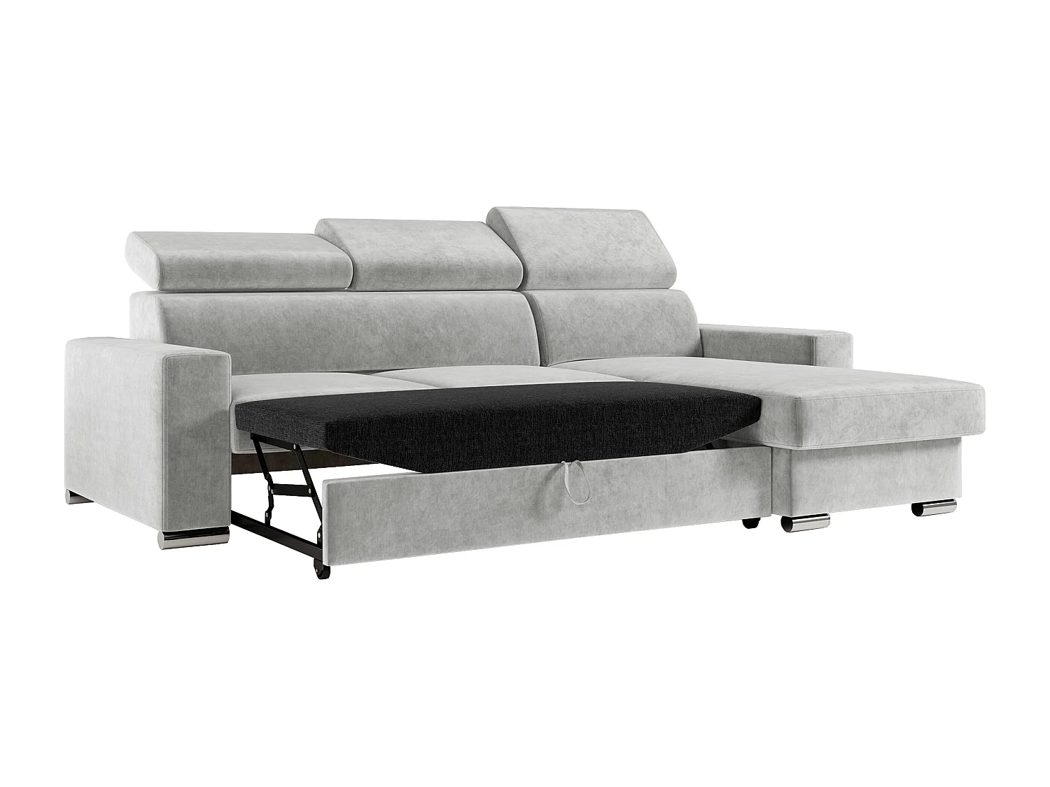 Ecksofa FOX, L-förmige Ecke, Schlaffunktion und Bettkasten, verstellbare Kopfstützen - Hellgrau Velvet