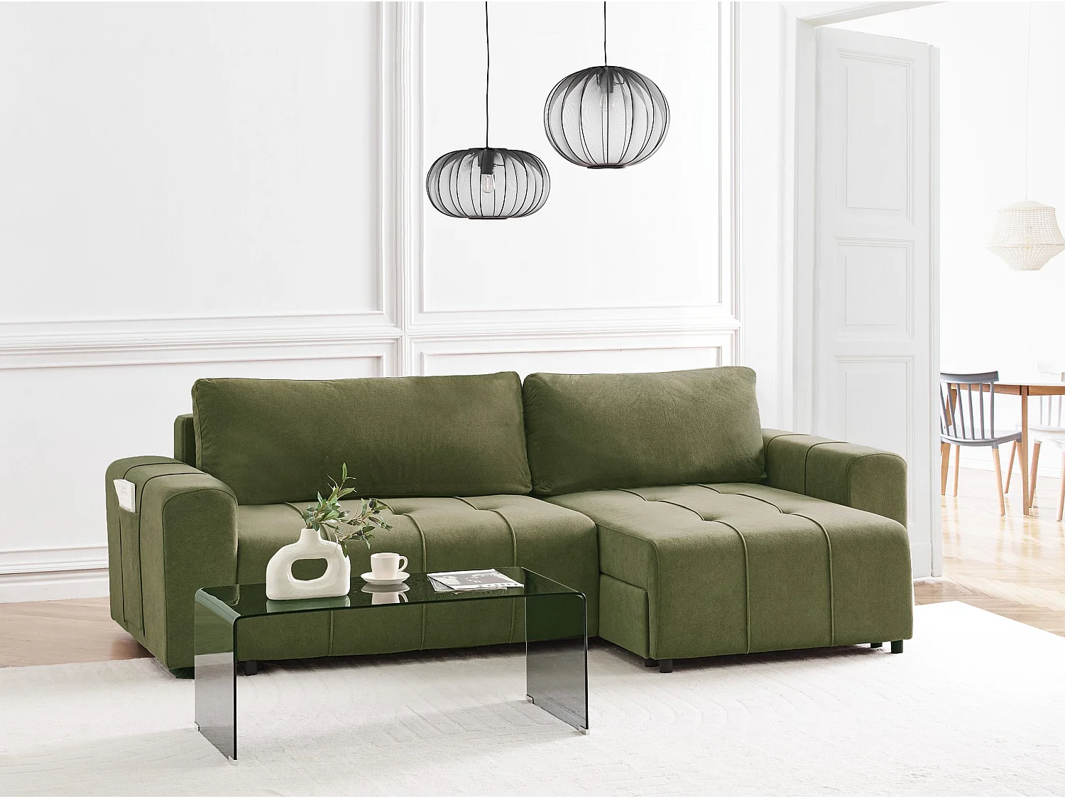Sofá cama esquinero INNVIK Tela Verde 3 plazas Derecha
