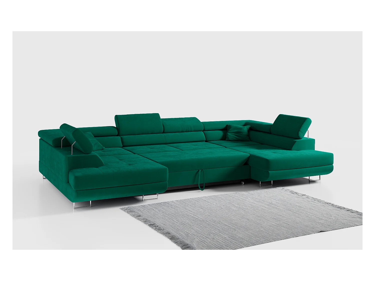 Ecksofa GUSTAW U, mit Schlaffunktion, Großes U-form ecksofa, XXL Wohnlandschaft, verstellbare Kopfstützen - Grün Velvet