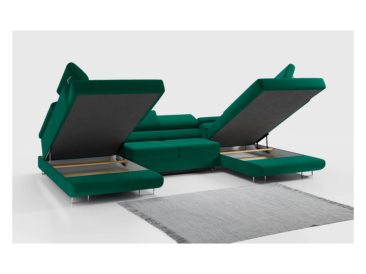 Ecksofa GUSTAW U, mit Schlaffunktion, Großes U-form ecksofa, XXL Wohnlandschaft, verstellbare Kopfstützen - Grün Velvet