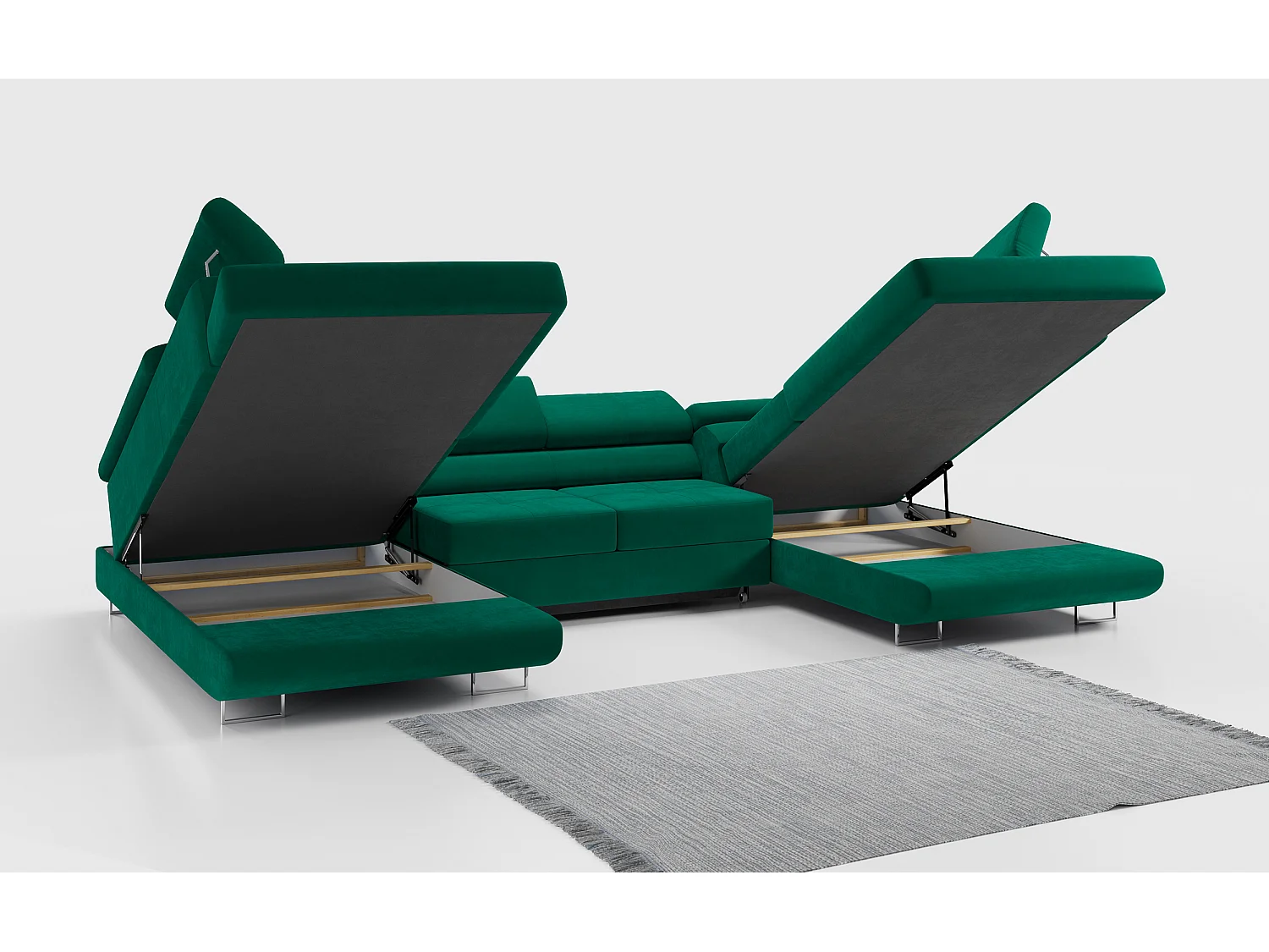 Ecksofa GUSTAW U, mit Schlaffunktion, Großes U-form ecksofa, XXL Wohnlandschaft, verstellbare Kopfstützen - Grün Velvet