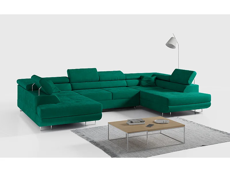 Ecksofa GUSTAW U, mit Schlaffunktion, Großes U-form ecksofa, XXL Wohnlandschaft, verstellbare Kopfstützen - Grün Velvet