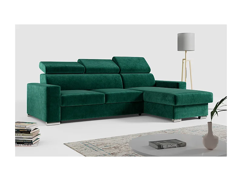 Ecksofa FOX, L-förmige Ecke, Schlaffunktion und Bettkasten, verstellbare Kopfstützen - Dunkelgrün Velvet