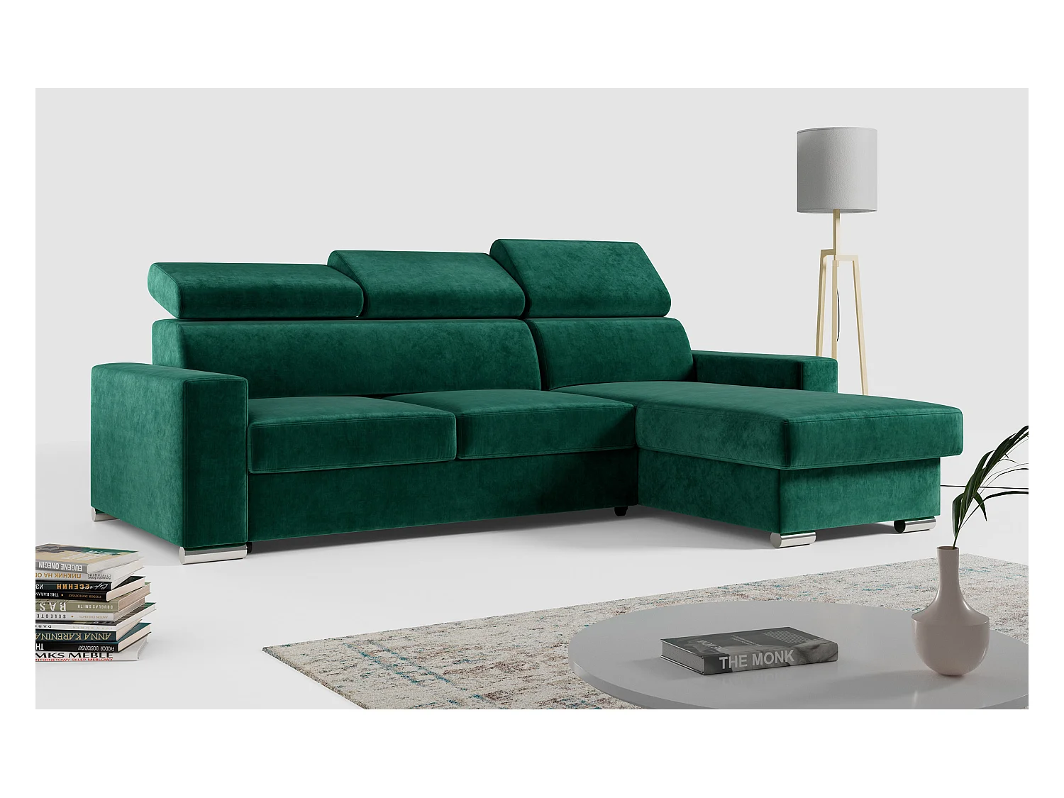 Ecksofa FOX, L-förmige Ecke, Schlaffunktion und Bettkasten, verstellbare Kopfstützen - Dunkelgrün Velvet