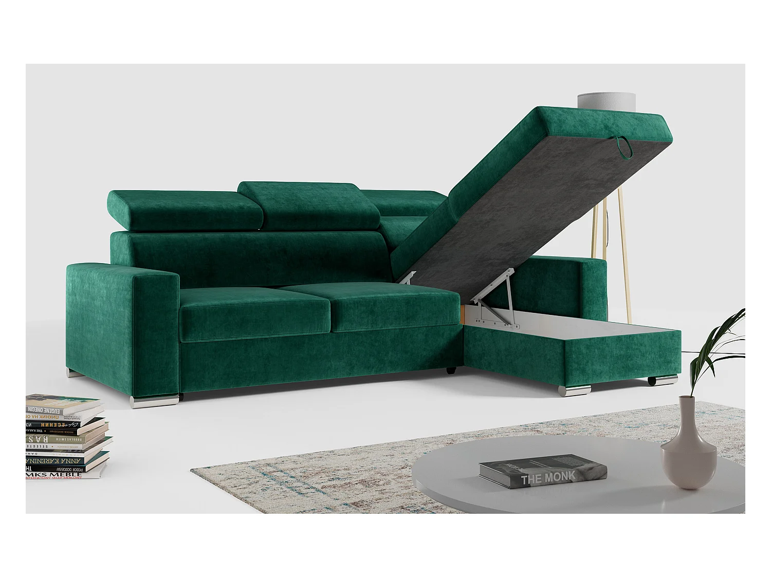 Ecksofa FOX, L-förmige Ecke, Schlaffunktion und Bettkasten, verstellbare Kopfstützen - Dunkelgrün Velvet