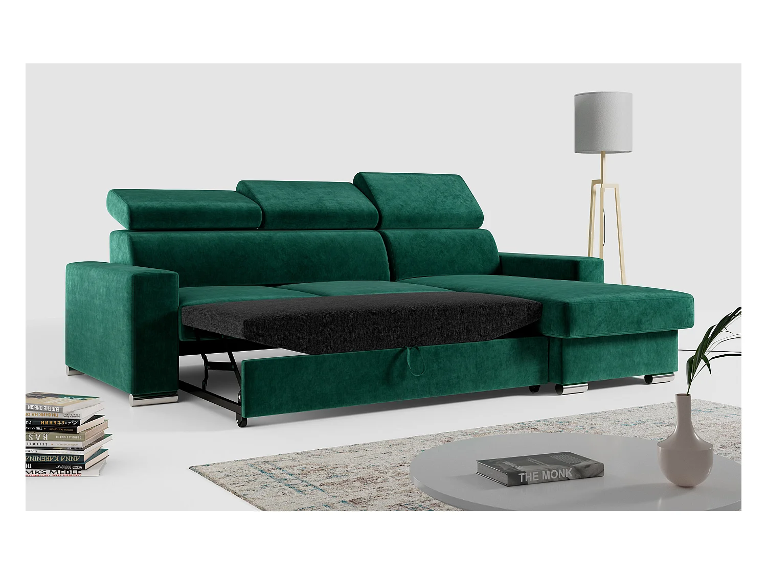 Ecksofa FOX, L-förmige Ecke, Schlaffunktion und Bettkasten, verstellbare Kopfstützen - Dunkelgrün Velvet