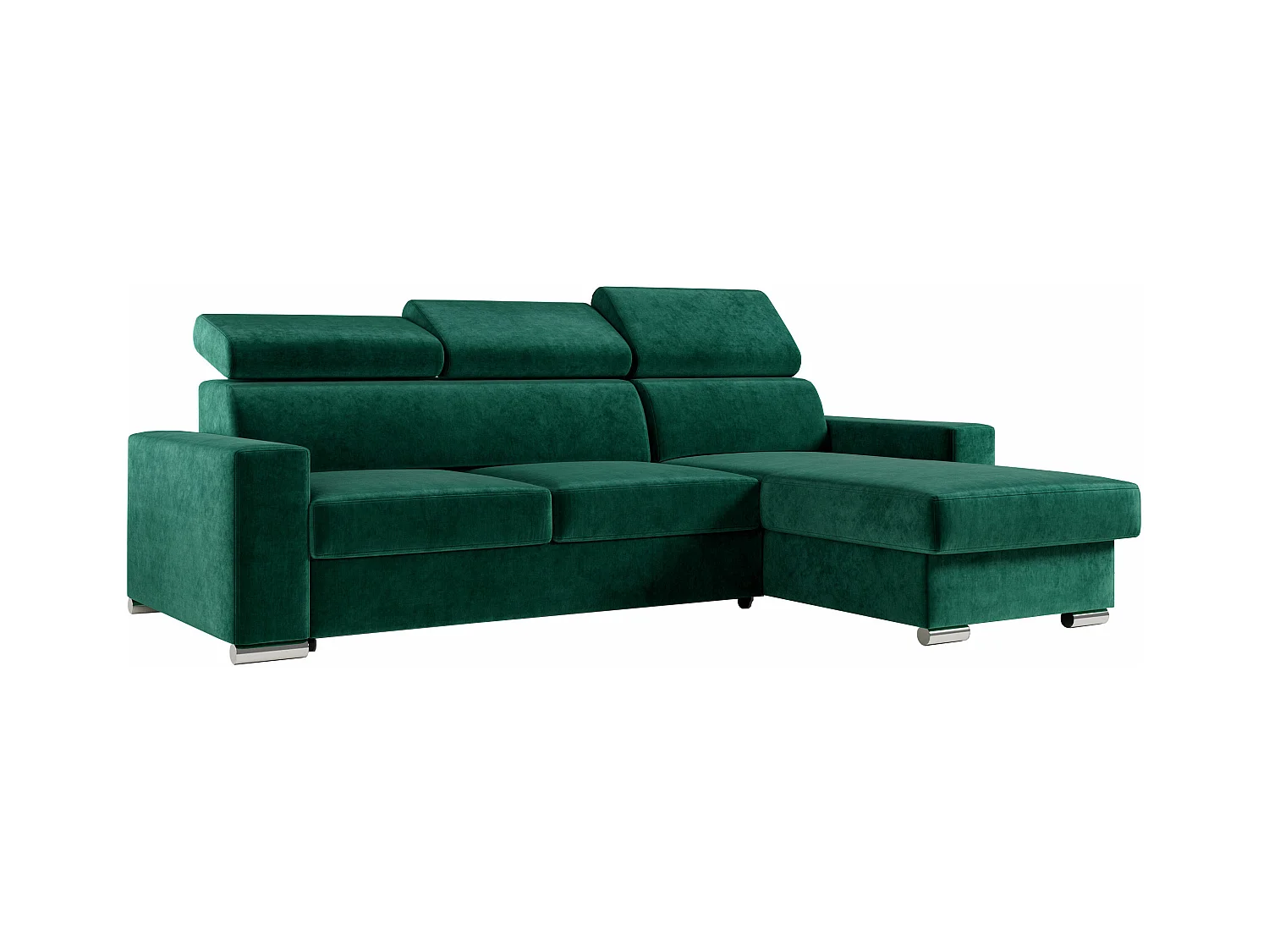 Ecksofa FOX, L-förmige Ecke, Schlaffunktion und Bettkasten, verstellbare Kopfstützen - Dunkelgrün Velvet