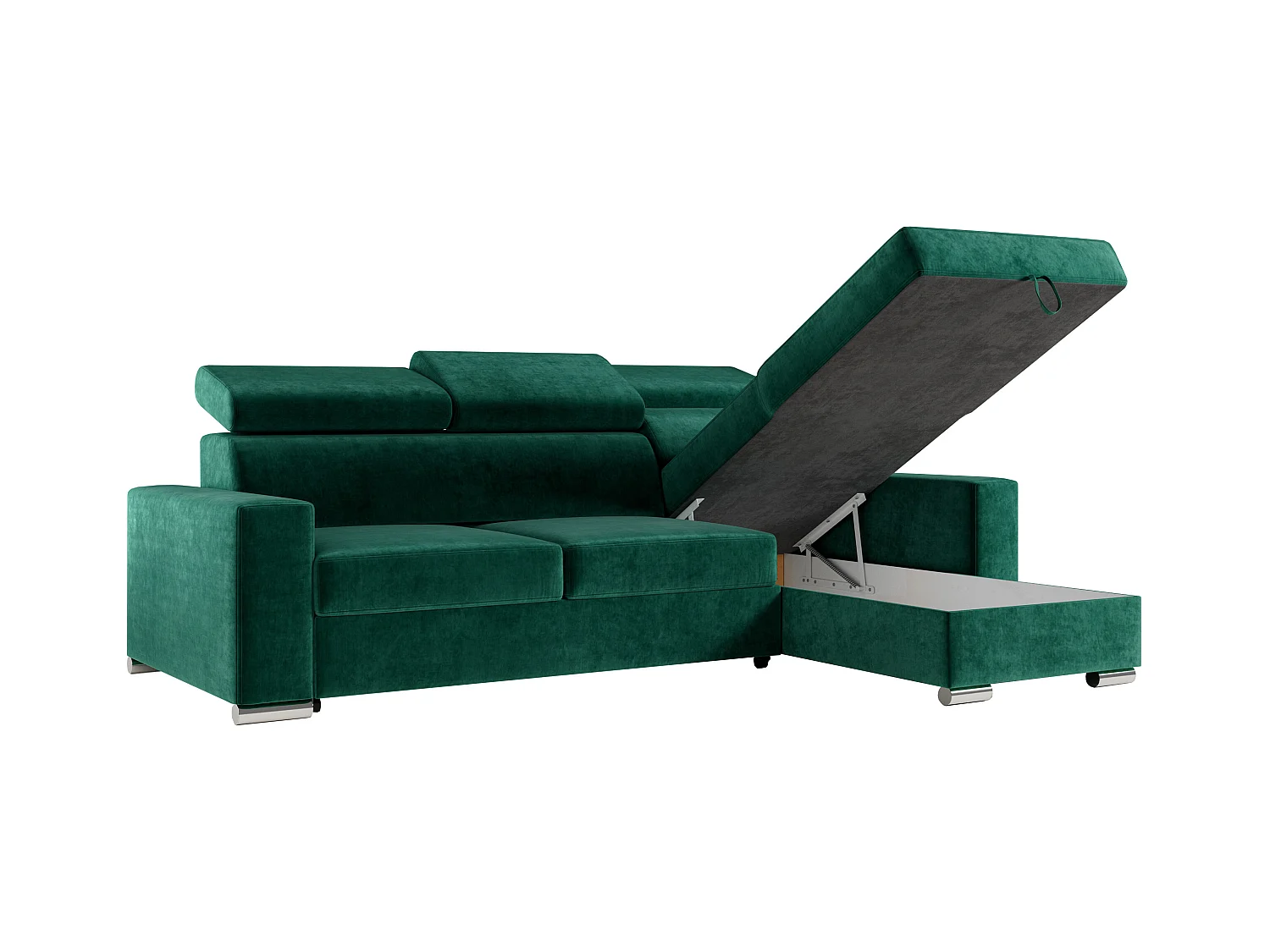 Ecksofa FOX, L-förmige Ecke, Schlaffunktion und Bettkasten, verstellbare Kopfstützen - Dunkelgrün Velvet