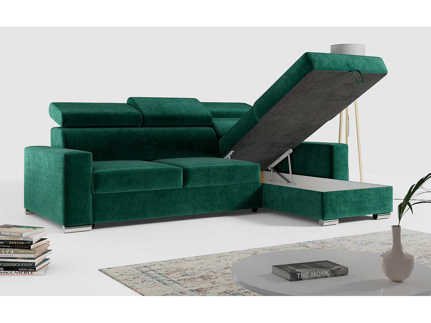 Ecksofa FOX, L-förmige Ecke, Schlaffunktion und Bettkasten, verstellbare Kopfstützen - Dunkelgrün Velvet