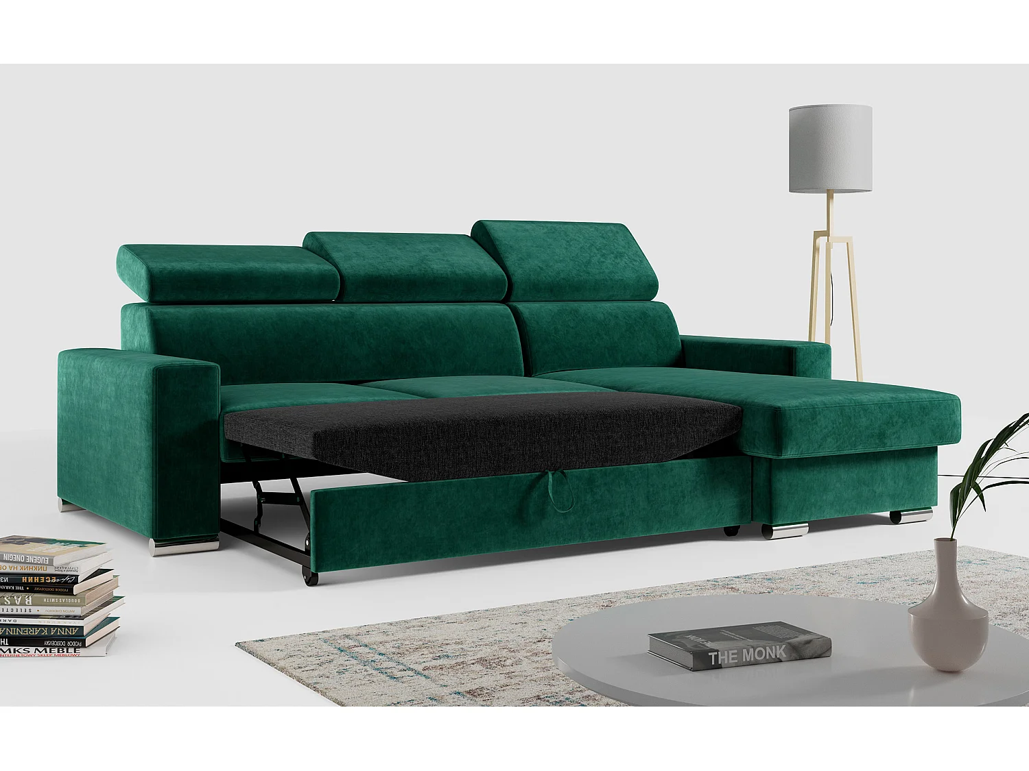 Ecksofa FOX, L-förmige Ecke, Schlaffunktion und Bettkasten, verstellbare Kopfstützen - Dunkelgrün Velvet