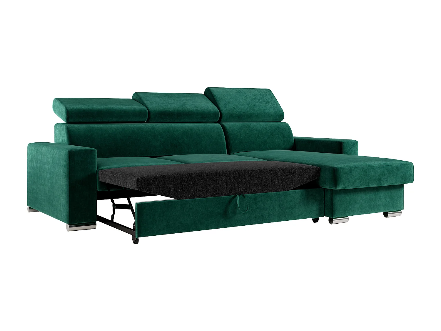 Ecksofa FOX, L-förmige Ecke, Schlaffunktion und Bettkasten, verstellbare Kopfstützen - Dunkelgrün Velvet