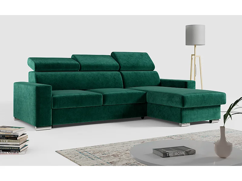 Ecksofa FOX, L-förmige Ecke, Schlaffunktion und Bettkasten, verstellbare Kopfstützen - Dunkelgrün Velvet