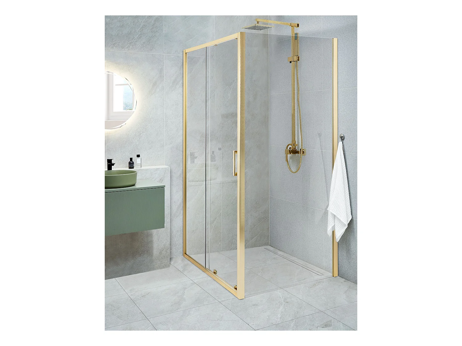 Duschkabine aus Sicherheitsglas mit Schiebetür 80x100x185cm gold Yoro