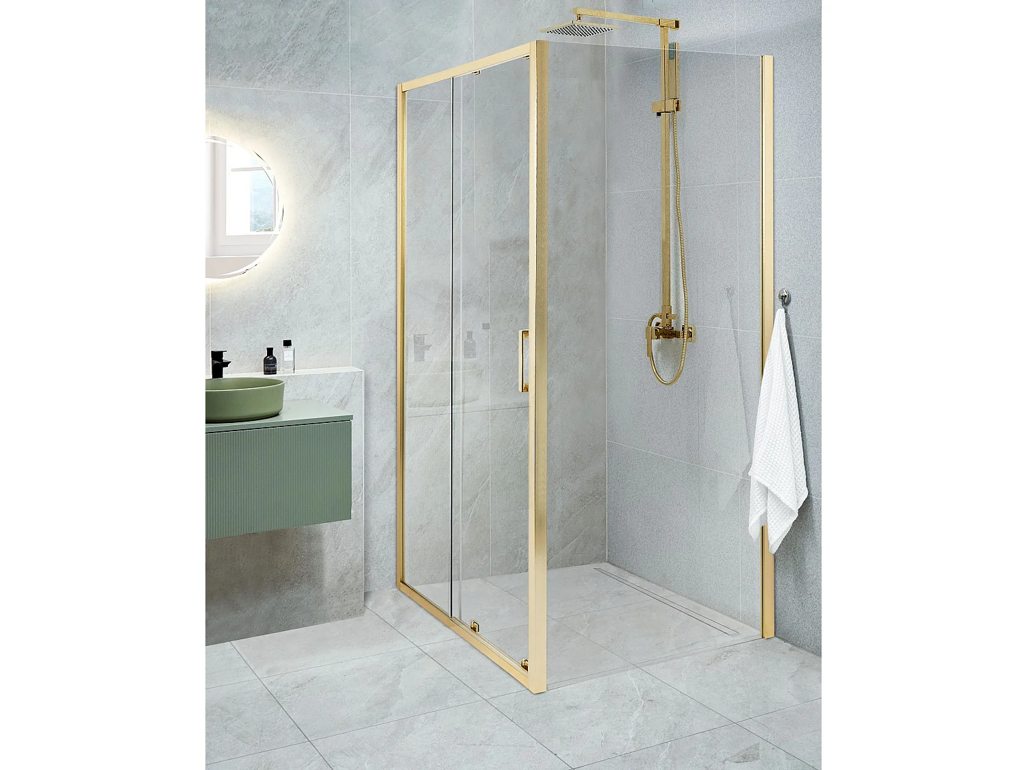 Duschkabine aus Sicherheitsglas mit Schiebetür 80x100x185cm gold Yoro