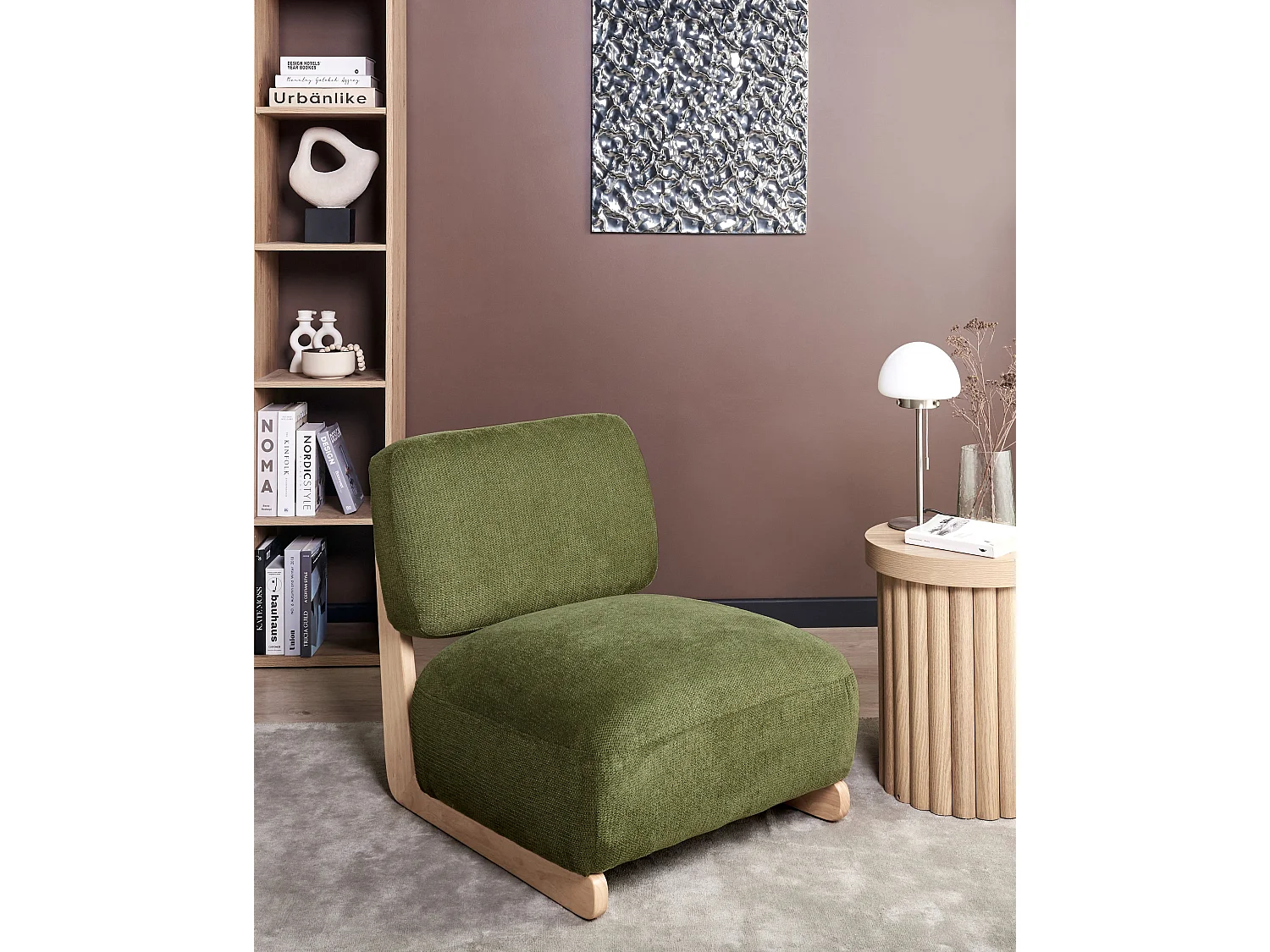 Retro Sessel ohne Armlehnen Massivholzbeine Grün Stoffpolsterung Kokkola