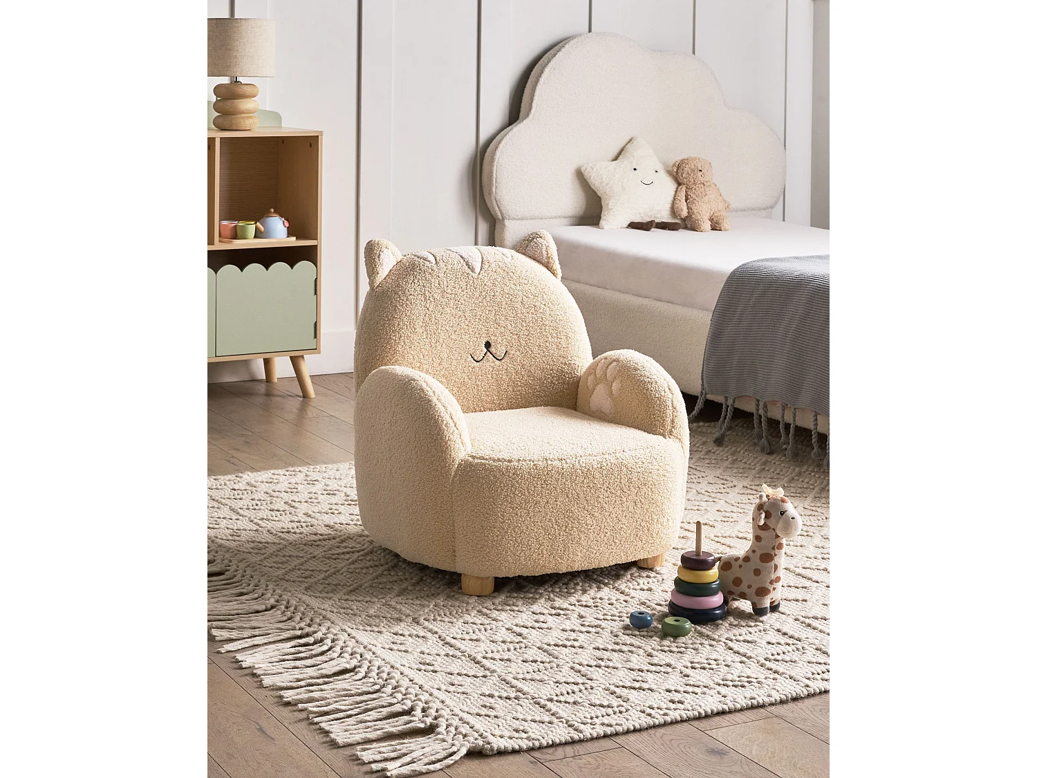 Poltrona para crianças forma de gato em tecido bouclé creme ZOAR