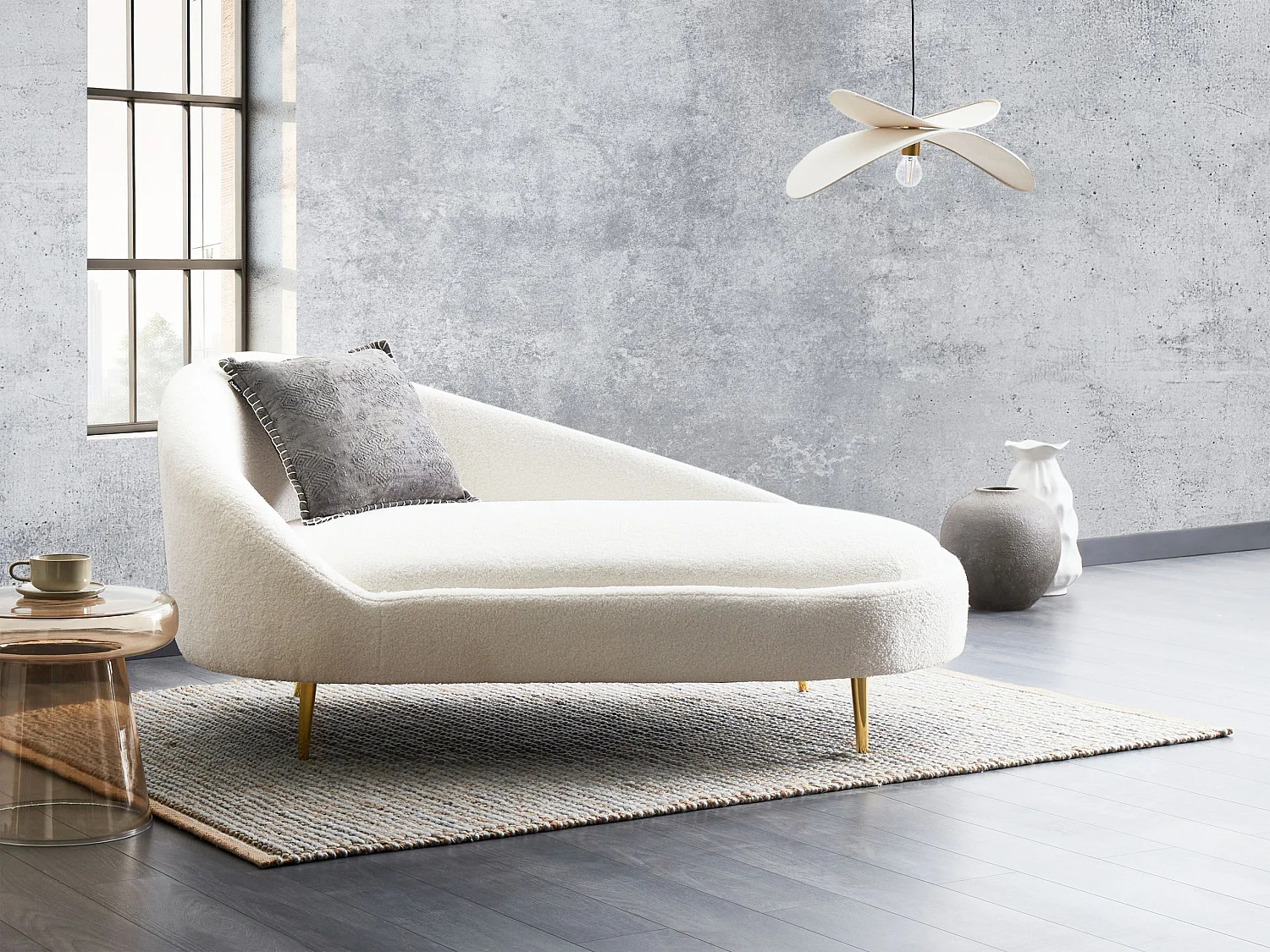 Left-Hand Chaise Longue VALREAS Boucle Off-White