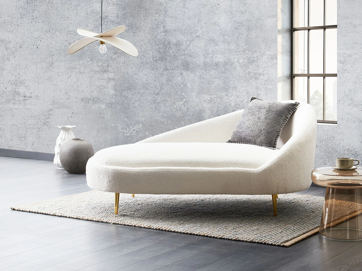 Chaise longue à direita VALREAS Bouclé Branco creme