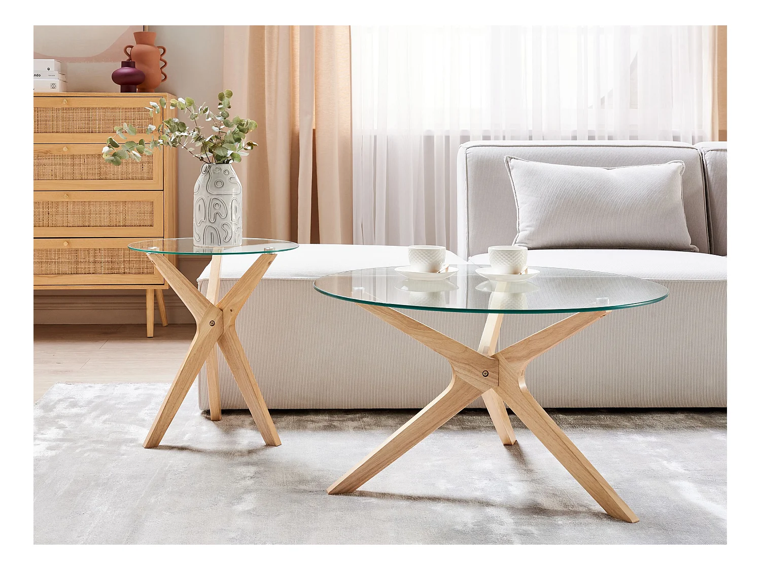 Lot de 2 tables basses VALLEY Verre de sécurité Marron clair