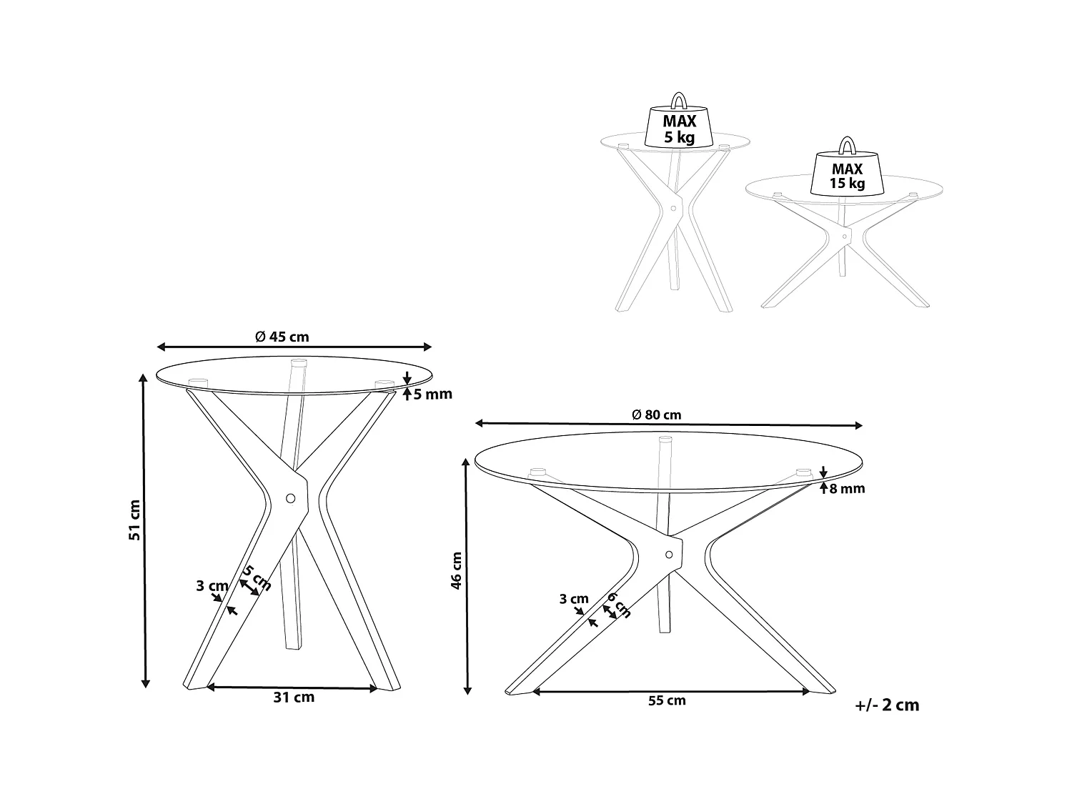 Lot de 2 tables basses VALLEY Verre de sécurité Marron clair
