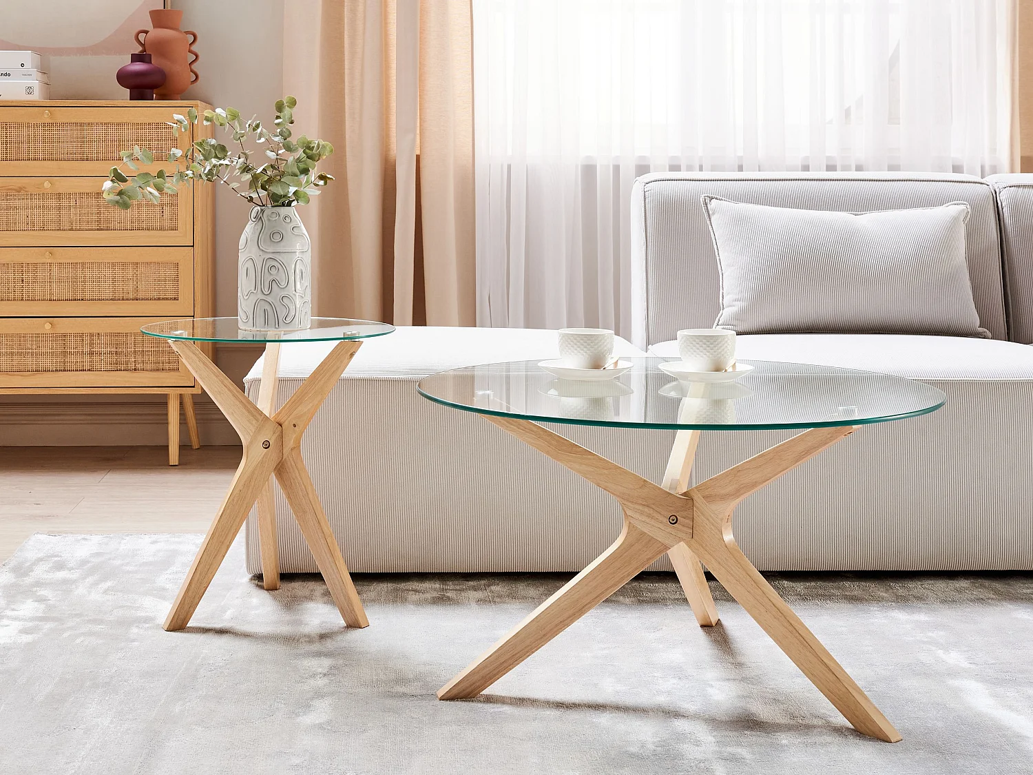 Lot de 2 tables basses VALLEY Verre de sécurité Marron clair