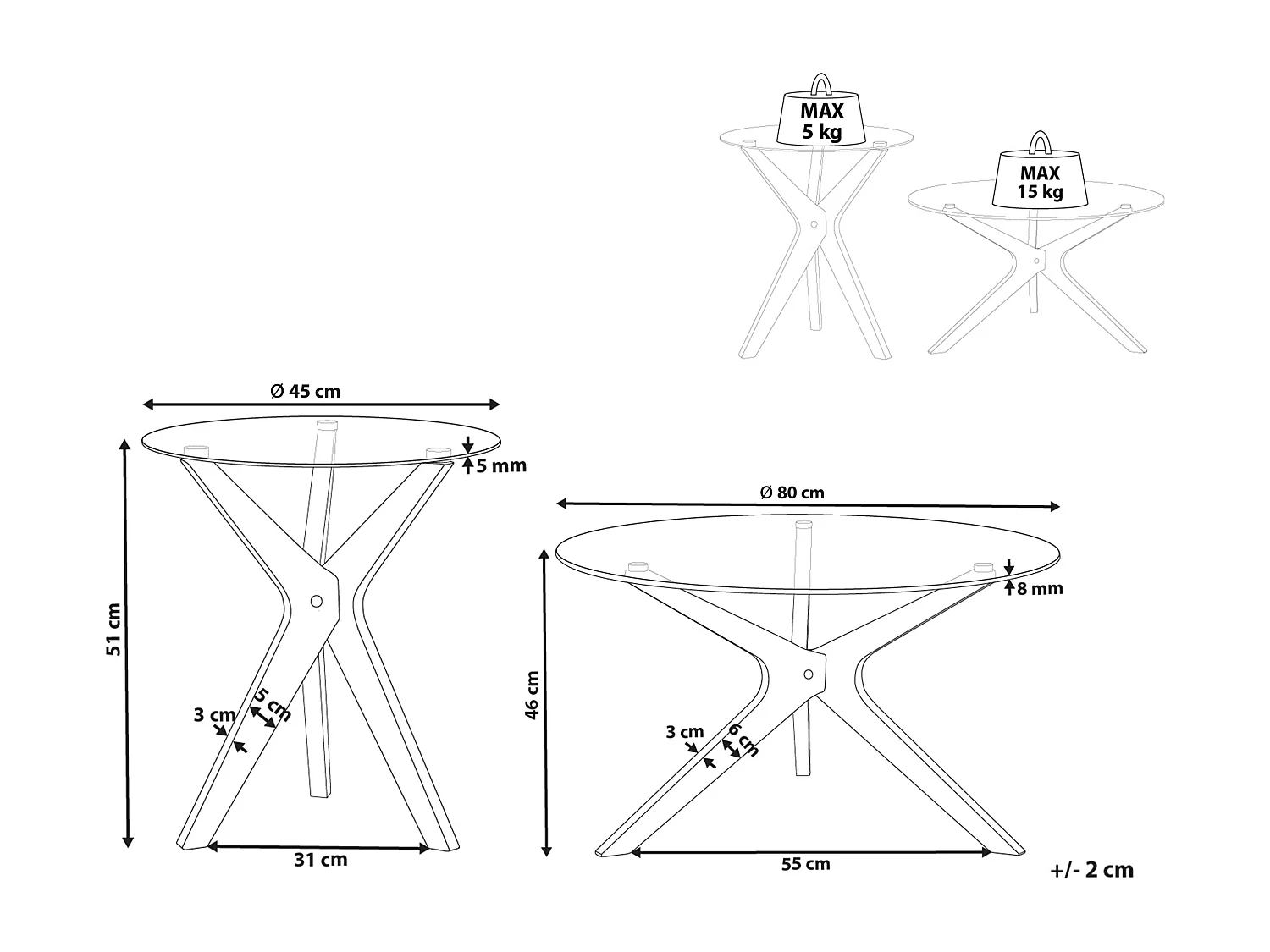 Lot de 2 tables basses VALLEY Verre de sécurité Marron clair
