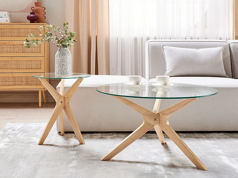 Lot de 2 tables basses VALLEY Verre de sécurité Marron clair