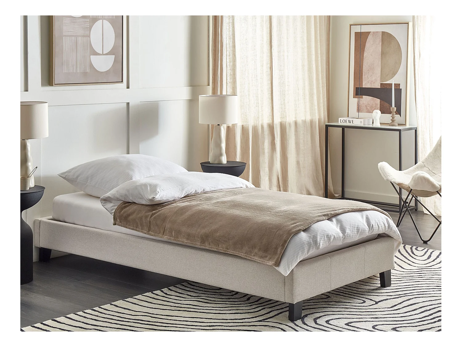 Lit sans tête de lit Tissu ROANNE 90 x 200 cm Beige clair