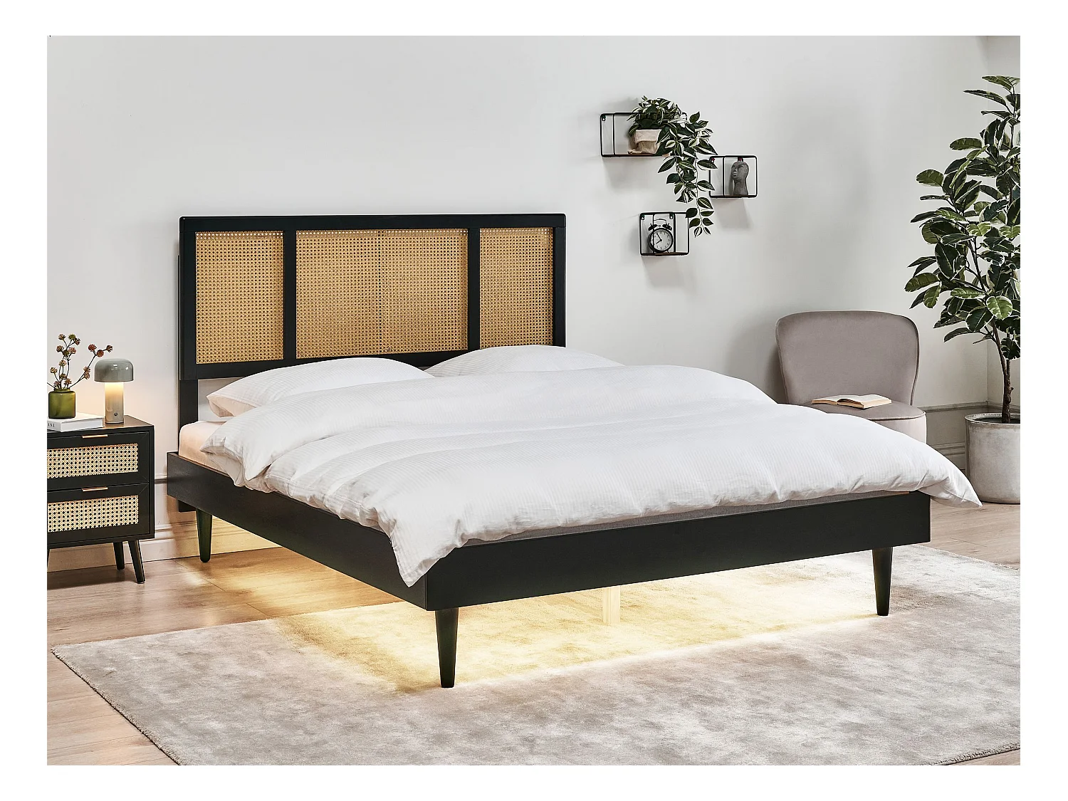 Lit avec LED Rotin AURAY 160 x 200 cm Noir