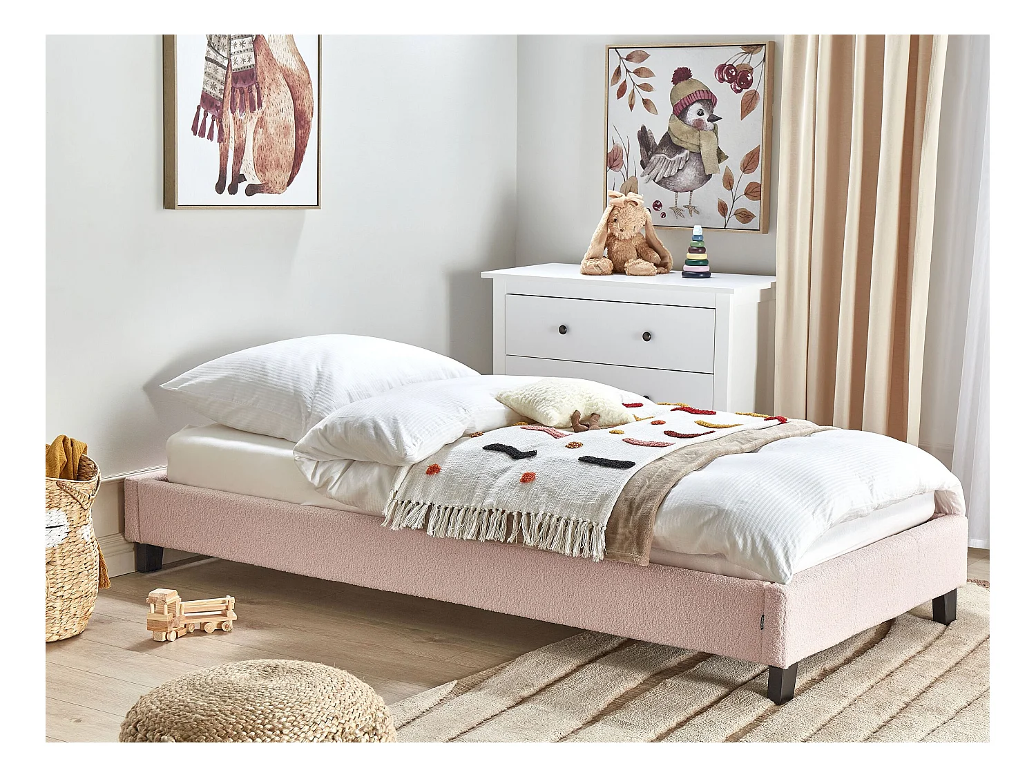 Lit sans tête de lit Bouclé ROANNE 90 x 200 cm Rose pastel