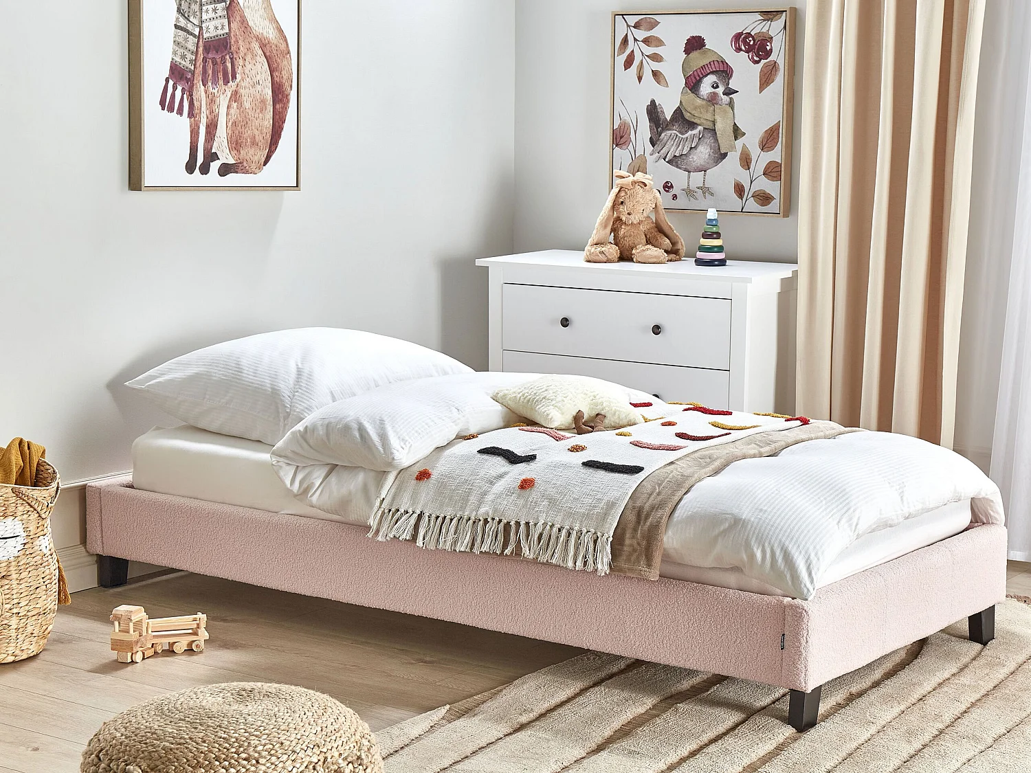Lit sans tête de lit Bouclé ROANNE 90 x 200 cm Rose pastel