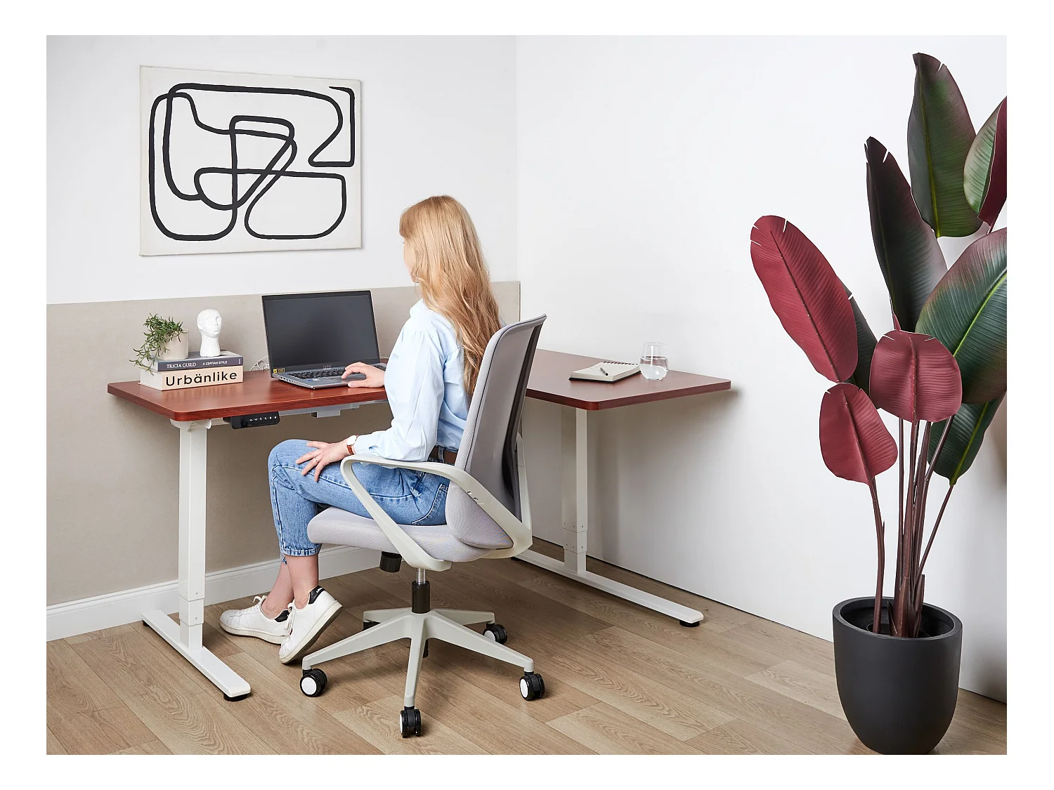 Bureau d'angle réglable électriquement DESTINES Marron/blanc 160 cm 109 cm Côté droite